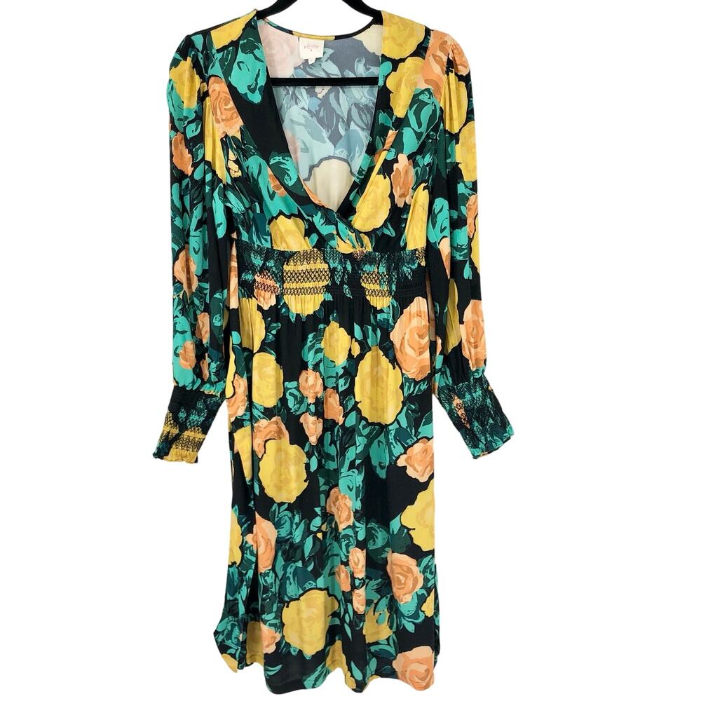 Anthropologie Plenty by Tracy Reece Yellow Floral Smocked Midi Dress Long Sleeve